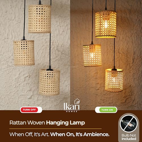 Image of Ikari Homes Rattan Chandelier 3 in1 Pendant Light, Natural Beige, Boho Style, E27 Base, Chandelier for Living Room I Dining I Bedroom I Balcony I Adjustable Wire - (Bulbs not Included) (Hex Mesh)