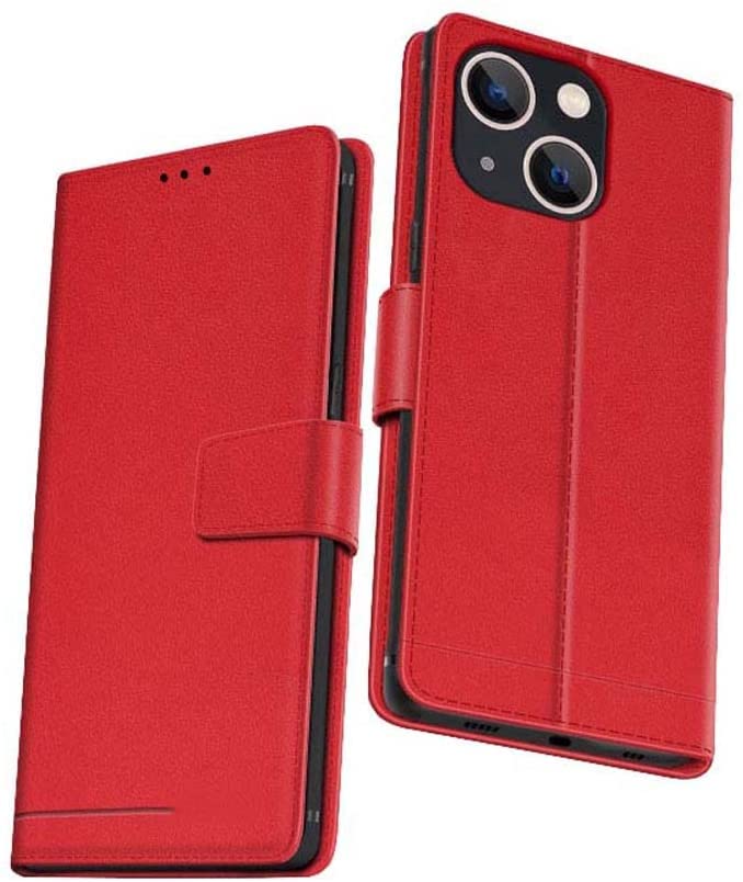 Étui portefeuille en cuir véritable iPhone 13 rouge clapet folio magnétique