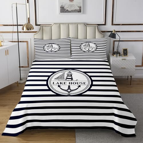 Juegos de colchas y cubrecamas | Juego De Colcha De Navegación, Tamaño Individual, Diseño De Ancla Náutica, Faro, Velero, Para Niños, Adolescentes, Dormitorio, Geométrico, Azul Marino, Rayas Blancas, Juego De Colcha Para Todas Las