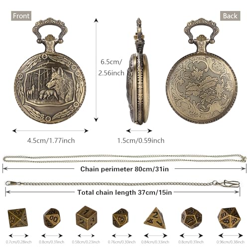 Mini DND Dice Set with Steampunk Wolf Pocket Watch Shell Case, 7pcs Polyhedral Metal D&D Dice, DND Gifts with Gift Box, Role Playing Board Games Accessories by Keller & Weber - Image 3