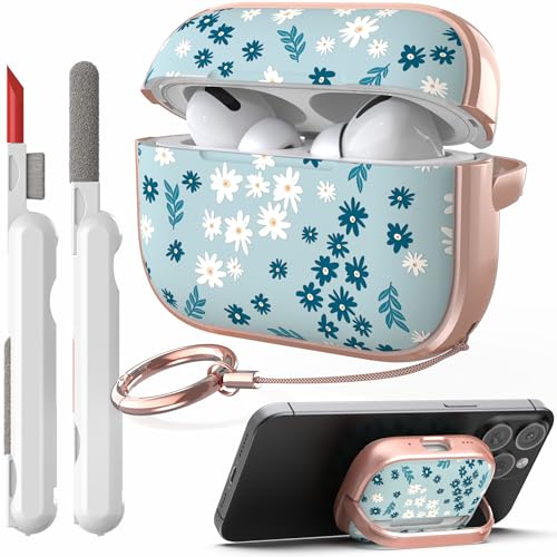 TATOFY Lock Case for Airpods Pro Case, Flowers Hard iPod Pro Cover for Women Girls with Phone Stand Cleaner Kit (Cyan 2, AirPods Pro 2 & Pro)