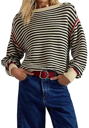 Women's 2025 Fall Winter Oversized Knit Pullover Striped Warm Casual Knitted Sweater Apricot