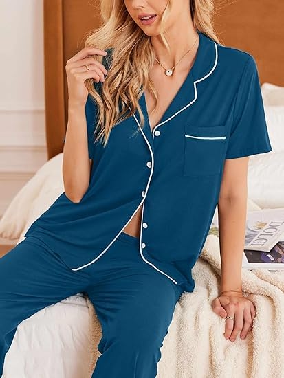 Image of Ekouaer 2 Pack Womens Pajamas Sets Short Sleeve Pjs Button Up Sleepwear Set | Soft lightweight loungewear with classic notch collar, more options and saves money, ideal for Daily Wear, Mom, Party, Gifts