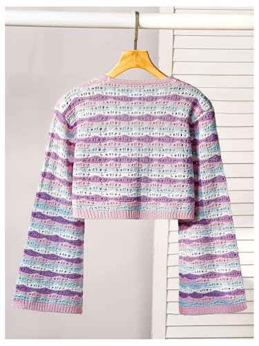 SweatyRocks Girl's Button Down Striped Crochet Crop Cardigan Hollow Out Long Sleeve Knit Cover Up2