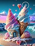 PFFNGPEN Diamond Art Painting Ice Cream Fairy Tale House Kits for Adults, DIY Beach Diamond Art Kits for Beginners, 5D Full Drill Gem Art for Home Wall Decor Craft Gifts for 12x16 inch