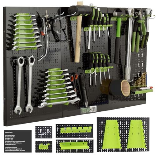 TRUTZHOLM Werkzeugwand Lochwand Werkzeuglochwand 120 x 60 x 2,5 cm | 17 teilge Hakenset | Lochwand für die Werkstatt für Hammer, Zangen, Schraubendreher