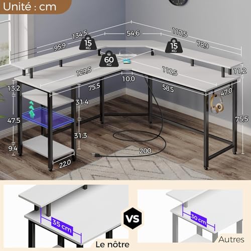 Bureau gaming d'angle blanc réversible de 135 cm avec éclairage LED immersif - 3