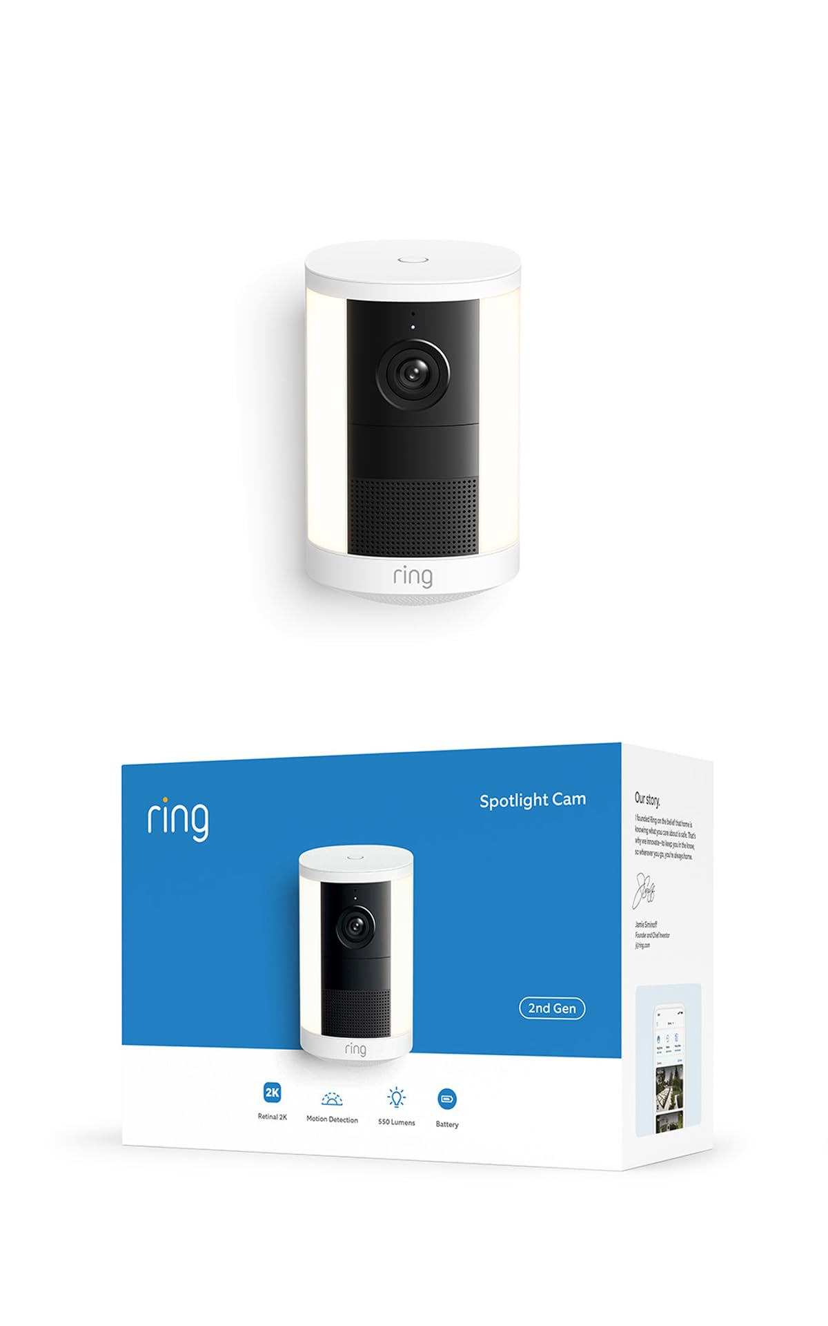 Ring Caméra Spotlight (Spotlight Cam), sans fil (nouvelle génération), Vidéo Retinal 2K , Zoom amélioré 6x, Projecteurs activés par les mouvements, Essai gratuit de 30 jours à l'abonnement Ring