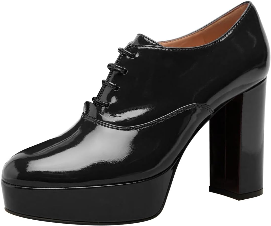 FSJ Women Closed Toe Platform Pumps Lace Up Vintage Chunky Block High Heels Casual Comfort Office Evening Oxford Shoes Size 4-16 US
