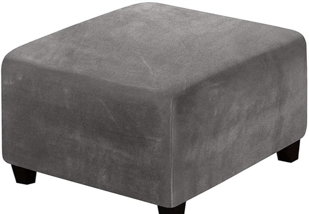 Stretch Ottoman Slipcover,Square Velvet Footstool Cover Large Brown Grey Black Footrest Pouffe Protector Covers With Elastic Bottom Washable Super Soft Universal Slipcovers(Grey,70x70 cm)