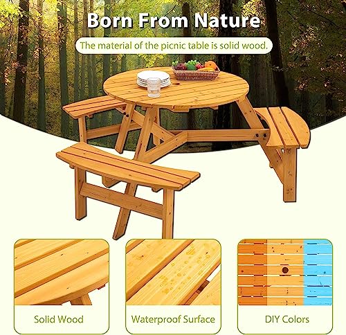 Camping Table, 6 Person Outdoor Wooden Picnic Table with Benches, Outdoor Round Patio Table Dining Table w/ 3 Built-in Benches + Umbrella Hole, Perfect for Garden Yard Pub Beer, 1720lb Capacity- Natur