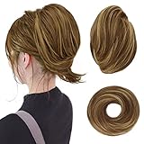 BARSDAR Hair Bun Ponytail Extension, Straight Synthetic Hairpiece Fully Short Ponytail Bun Extensions Hair Accessories Elastic Easy Scrunchie for Women（ Light Golden Brown with Golden Blonde Highlights)