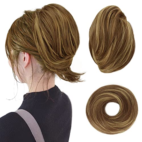 BARSDAR Hair Bun Ponytail Extension, Straight Synthetic Hairpiece Fully Short Ponytail Bun Extensions Hair Accessories Elastic Easy Scrunchie for Women（ Light Golden Brown with Golden Blonde Highlights)