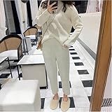 CWENROU Damen Pullover Anzug,Damen Pullover Zweiteiliger Herbst Und Winter Strickhose Anzug Mode Selbstanbau Sportanzug Retro Rundhals Pullover + Hose Elastische Freizeitkleidung Für Zuhause,Weiß,L