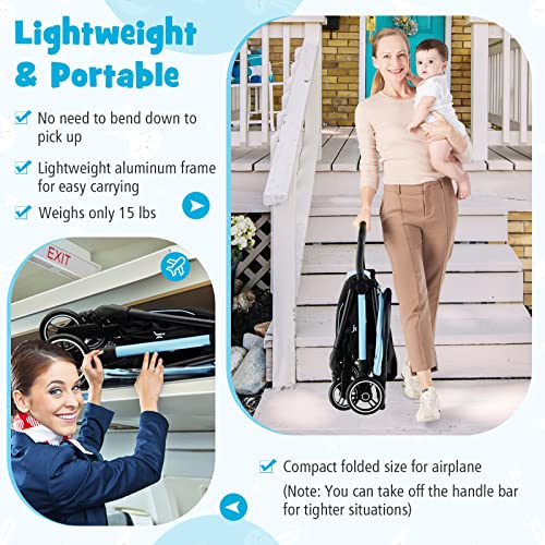 Baby Joy Lightweight Baby Stroller, Compact Travel Stroller For Airplane, Infant Toddler Stroller W/Adjustable Backrest & Canopy, Storage Basket, Self Standing Gravity Fold, Aluminium Frame (Blue) #TOP2