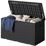 Greesum 100 Gallon Resin Deck Box Lockable Large Outdoor Storage Boxes for Garden Tools, Patio Furniture Cushions, Pool Supplies, Black