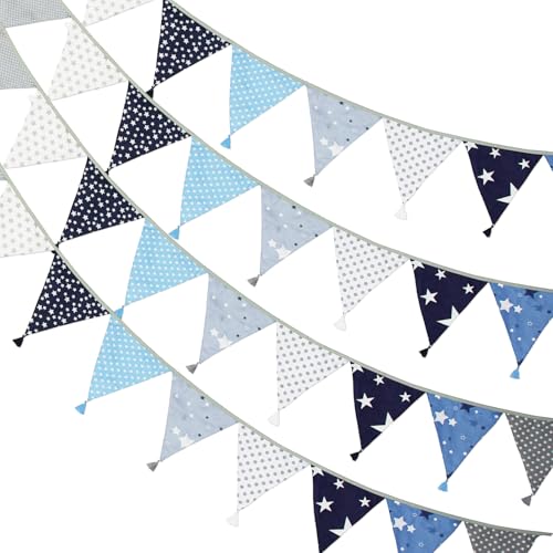G2PLUS 10.8Ft Cotton Triangle Bunting Banner – 12pcs Blue and Gray Fabric Pennant Flag with Tassels, Double Side Triangle Banner Garland for Weddings, Birthdays, Garden & Baby Showers