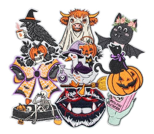 HEYTRCO 9PCS Pumpkin Witch Cat Iron on Patches Dark Cute Ghost Mouth Bat Goose Cow Skeleton Embroidered Applique Custom Halloween Patches for Hats Jackets Bags Backpacks Dress