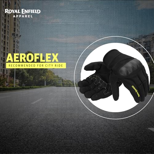 Image of Royal Enfield Aeroflex Riding Gloves | Construction: 100% Polyester Air Mesh, Poly Stretch Fabric & Microsuede | Impact Protection: TPR Knuckle Protectors | Airflow: Airmesh Panels| Black & NEON 2XL