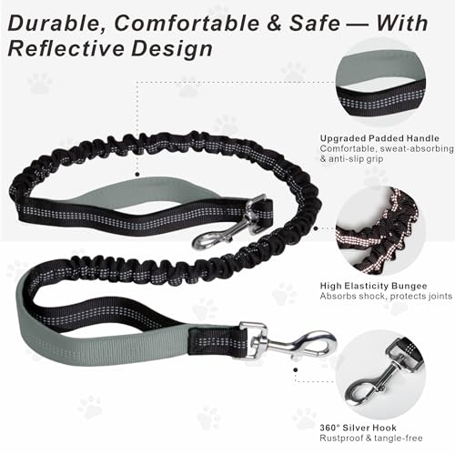 BJDQHKJ Hands-Free Dog Leash for Dogs up to 130 lbs – Heavy-Duty, Shock-Absorbing Bungee Leash with Zipper Pouch, Dual Padded Handles & Adjustable Waist Belt for Running & Walking – Cool Gray