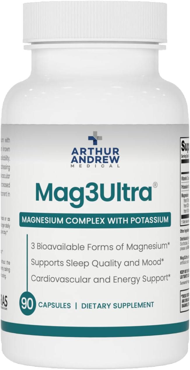 Arthur Andrew Medical, Mag3Ultra Triple Magnesium Supplement, Sucrosomial, Bisglycinate, Taurate for Muscle, Stress, Mood, Nerve, Bone & Heart Support, 180 Capsules