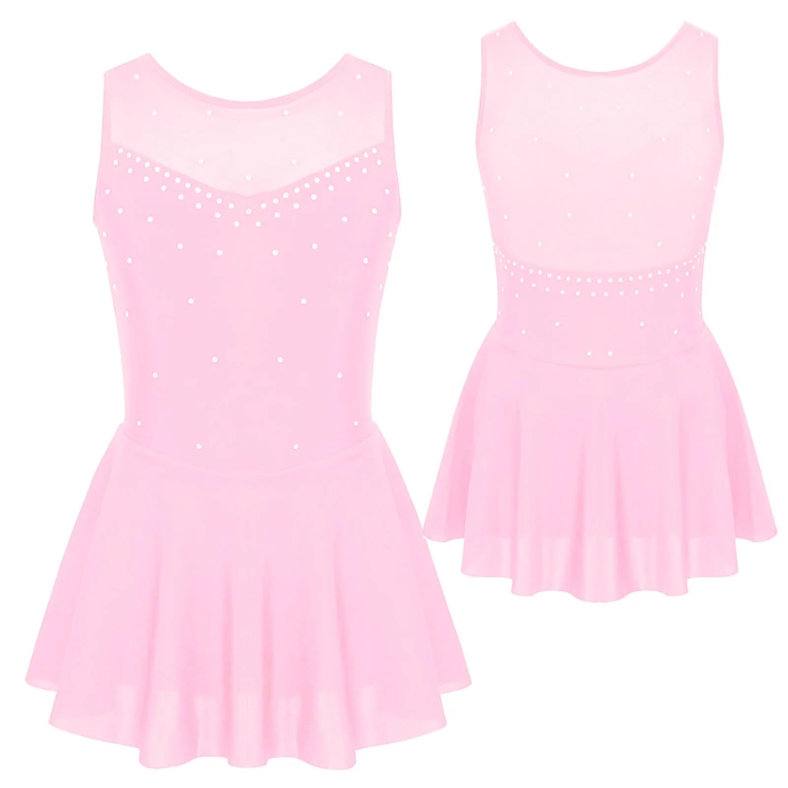 Maillot Gimnasia Ritmica Traje de patinaje artístico for niñas, malla con costura de diamantes de imitación, medias de ballet, danza, gimnasia, tutú, disfraz de actuación en el escenario(Pink B,16)