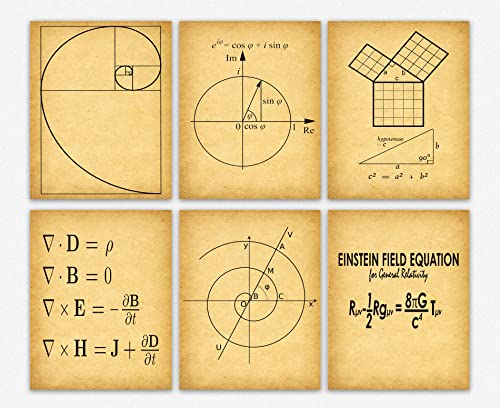 Arte della parete di matematica - Decorazione della parete a spirale di Fibonacci Teorema di Pitagora Decorazione dell'aula Formula di Eulero Set regalo (51cm x 76cm, Vintage
