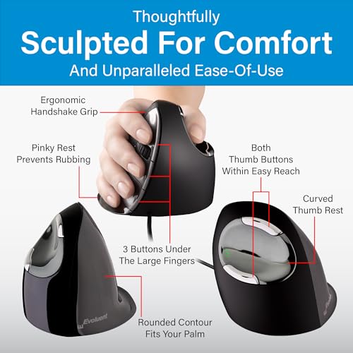 Image of Evoluent - Inventor of The Vertical Mouse - VMDM Ergonomic Vertical Mouse Right Hand Medium Wired USB, Sculpted for Comfort, Reduces Wrist Strain, 4 Speeds, 6 Customizable Buttons in Windows