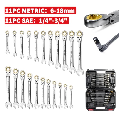 Image of Professional Ratcheting Wrench Set,22-Piece SAE&Metric Combination Ratchet Wrenches 72-Tooth Reversible Mechanism,Premium Chrome Vanadium Steel Flex Head Wrench Set for Mechanics and Automotive Repair