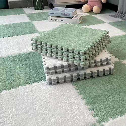 Image of Typutomi 10pcs Plush Puzzle Foam Floor Mat, Soft Fluffy Interlocking Square Foam Tiles Area Rugs Carpet for Parlor Bedroom Decoration(11.8x11.8in, Green&White)