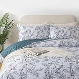Lemfux King Size Comforter Set 3 Pieces Cotton Shabby Floral Chic White Comforter Set, Reversible Thin Farmhouse Bedding Sets Vintage Style Grey Black Flowers Print, Ultra Breathable