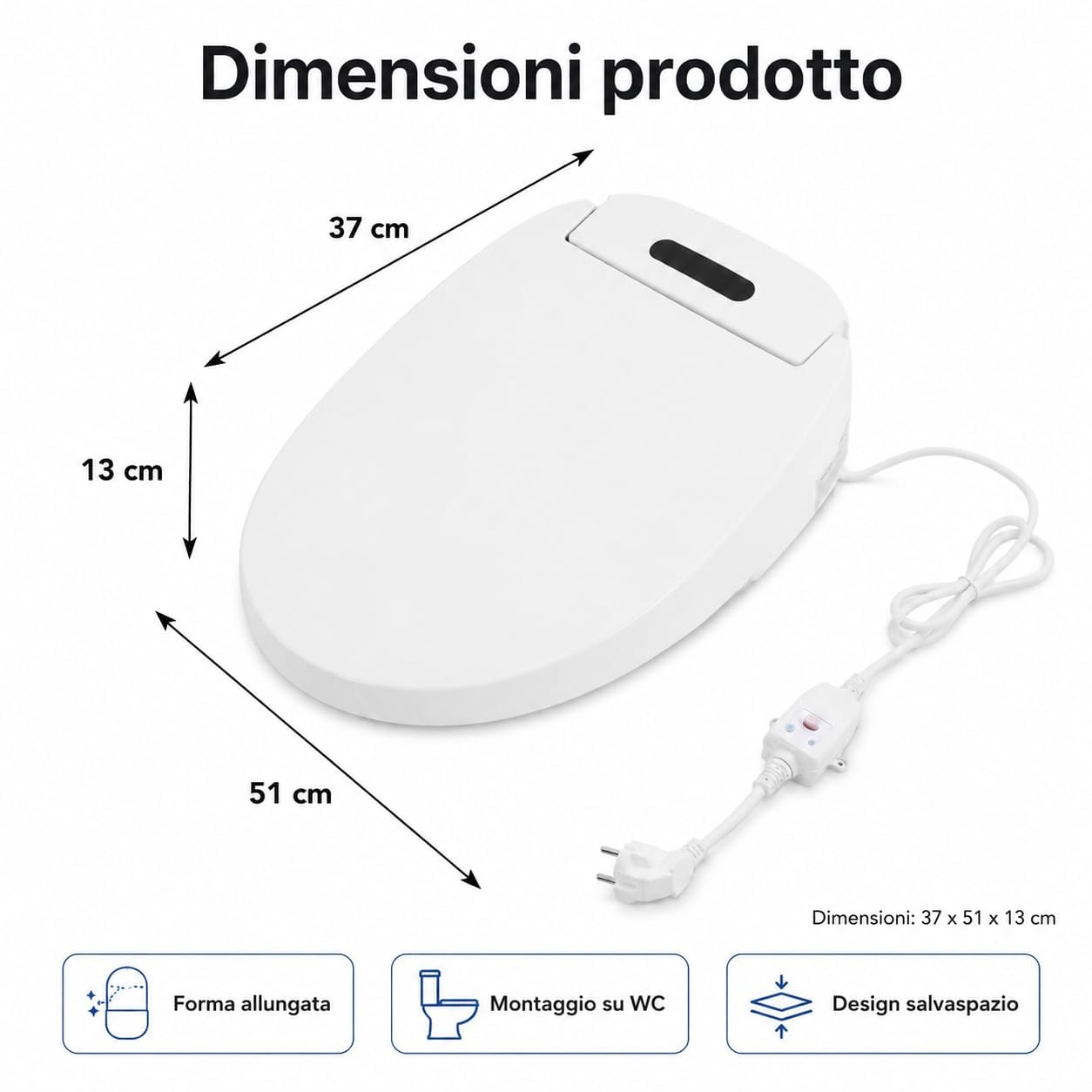 Smart Bidet Toilettensitz, 1300W, AC220V EU-Stecker, 4-Stufen Temperatur, Fernbedienung, Warmwasser, Trocknung, LED Nachtlicht, Weiß