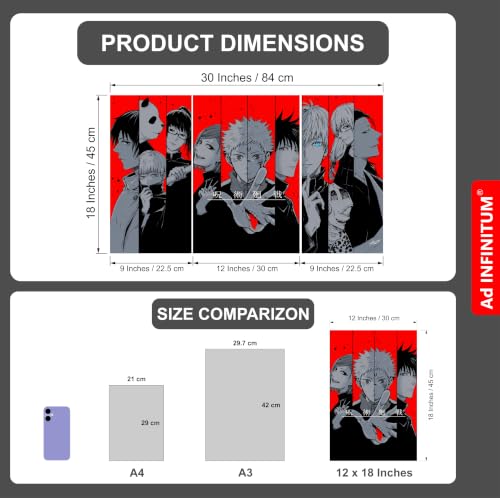 Image of AD INFINITUM Anime jujutsu kaisen 300 gsm Paper Split Design Wall Poster, Multicolor | 30 x 18inches | Split Design, Set Of 3 (JUJUTSU KAISEN)