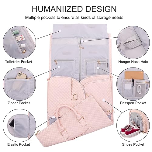 Image of Convertible Carry on Garment Bag for Women,Leather Garment Bags for Travel with Shoe Pouch 2 in 1 Hanging Suitcase Suit Bag for Women Travel Bags for Women Duffle Bag Garment Bag Gifts, Pink-2Pockts-gz