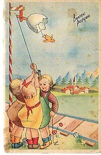 CARTOLINA 15086 cartolina tematica Auguri Buona Pasqua bambine 1950