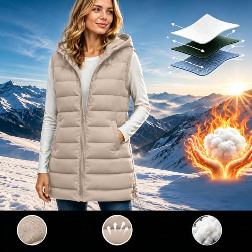 XOGWVJ Plus Size Long Puffer Vest for Curvy Women Long Vest for Women Hooded Puffer Sleeveless Quilted Winter Coat Zip Up Mid Length Jacket with Pockets Fall Clothes Khaki S — view 5