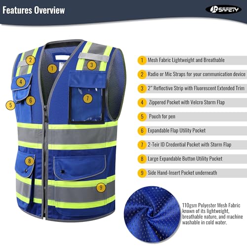 Image of JKSafety 11 Pockets Hi-Vis Blue Mesh Safety Vest for Men Women High Visibility Reflective Construction with Zipper Work Utility PPE Work Gear ANSI /ISEA compliant (102-Blue 5XL)