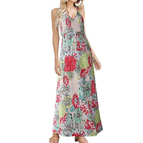 HUSKARY Womens Summer Sleeveless V Neck Spaghetti Strap Pockets Beach Boho Vacation Casual Spring Maxi Dress