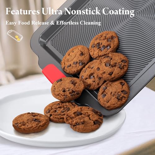 Bazova 3-Piece Baking Sheet Set with Circle Grooves,Nonstick Cookie Sheets/Baking Trays for Baking & Roasting,Heavy Duty Bakeware with Half/Quarter/Jelly Roll Pans,PFAS/PTFE Free,Gray with Red Grips - Image 5