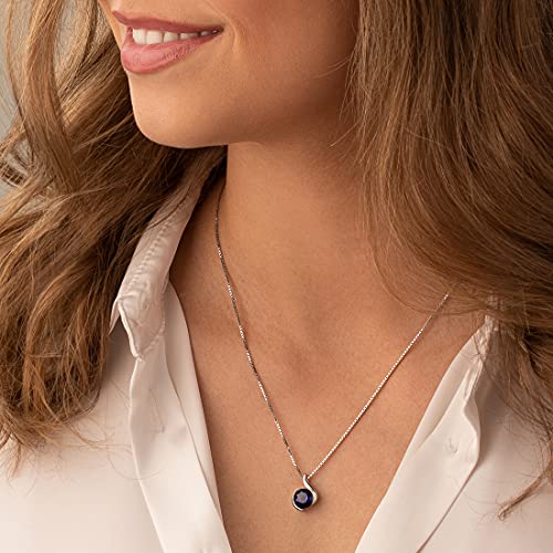 PEORA 2.75 Carats Created Blue Sapphire Pendant Necklace for Women 925 Sterling Silver, Open Bezel Wave Solitaire, Round Shape 8mm with 18 inch Chain, Sparkling Blue Sapphire Necklace,2