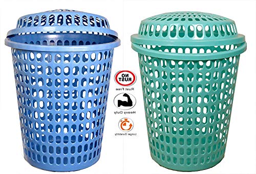 Image of Laundry Basket with Cap - Royal Blue + Light Green Color, Durable (Unbreakable) 50L with 6 Months Warranty (Blue, Light Green)