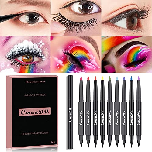9pcs 2 in 1 Multicolor Magentic Liquid Eyeliner Pen Set Waterproof Long Lasting Metallic Red Pink Green Brown Eye liner Pencil for Women Professional Eye Makeup Set Colorful Eye Color (pack 1)