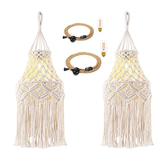QIYIZM Boho Plug in Pendant Light Hanging Lamp Macrame Lamp Shade Hanging Lights with Plug in Cord and On/Off Switch for Bohemian Decor Bedroom Living Room Plug in Chandelier Light Fixture 2 Pack