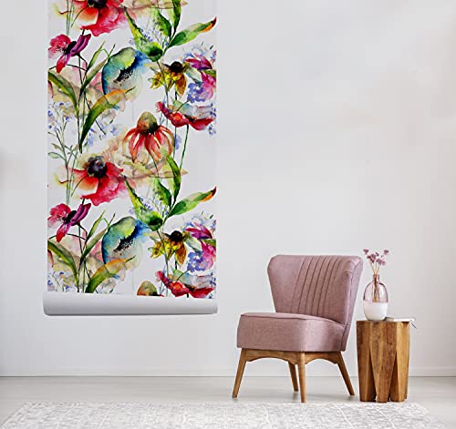 Papier peint latex 250x250cm fleurs stylisées rouge grand format mural