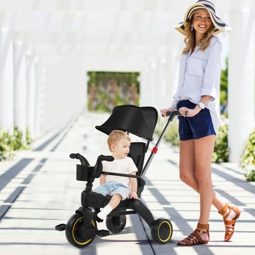 5-in-1 Compact, Foldable Tricycle - Suitable for Toddlers 10 to 36 Months Push Tricycle Bike for Toddlers with Removable Handle Seat Adjustable Canopy for Kids - Thumbnail 2