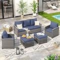 VONZOY Outdoor Furniture Set, 5 Pcs Wicker Patio Couch with Chairs, Ottomans and Thick Cushions, All Weather Wicker Rattan Patio Conversation Set,Navy Blue