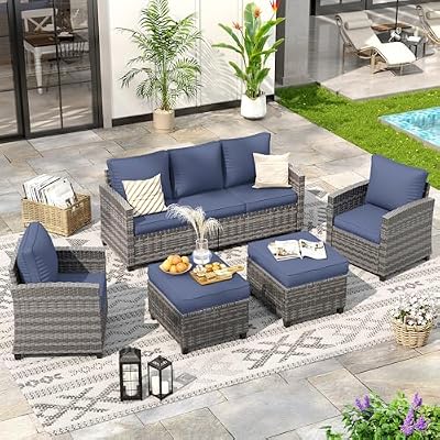 VONZOY Outdoor Furniture Set, 5 Pcs Wicker Patio Couch with Chairs, Ottomans and Thick Cushions, All Weather Wicker Rattan Patio Conversation Set,Navy Blue