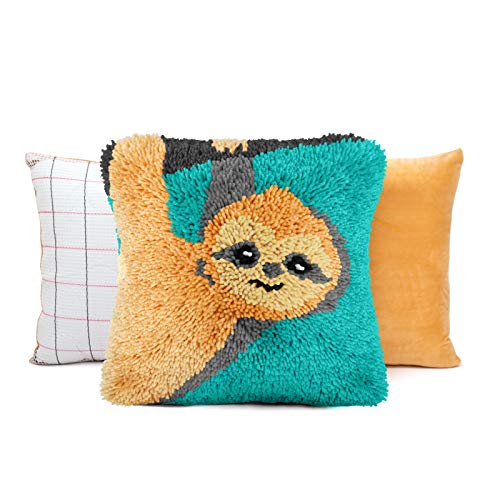 Image of clubevy DIY Latch Hook Kits Pillow Case Embroidery Carpet Set Needlework Pillow Cover Sofa Cushion Cover Craft Kits 17x17 inch (Sloth)