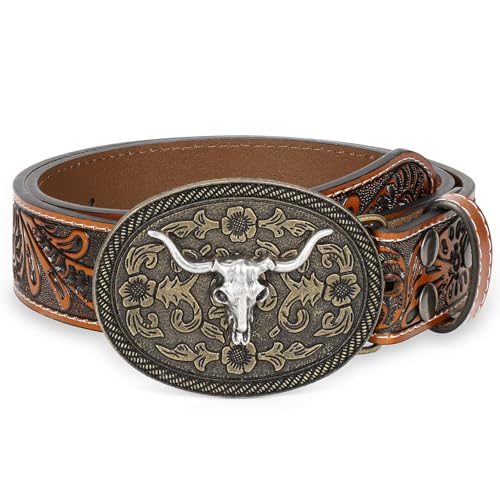 Image of WHIPPY Mens Cowboy Belt Western Belts for Men Women with Engraved Floral Bull Head Buckle Western Leather Buckle Belt for Jeans,Brown-Silver 36"-40"