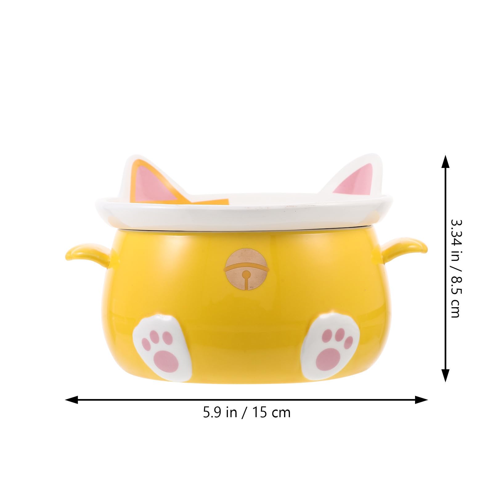 Tazón de Ramen de Gato de Cerámica Tapa, Multiusos para Sopa y Postre, Diseño Amarillo Borde Liso Adecuado para Uso en Casa